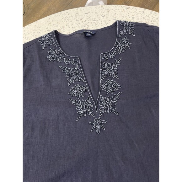 LANDS END Women’s Large 100% Linen Beaded Neckline Popover Tunic Top Bust Navy - Picture 2 of 12